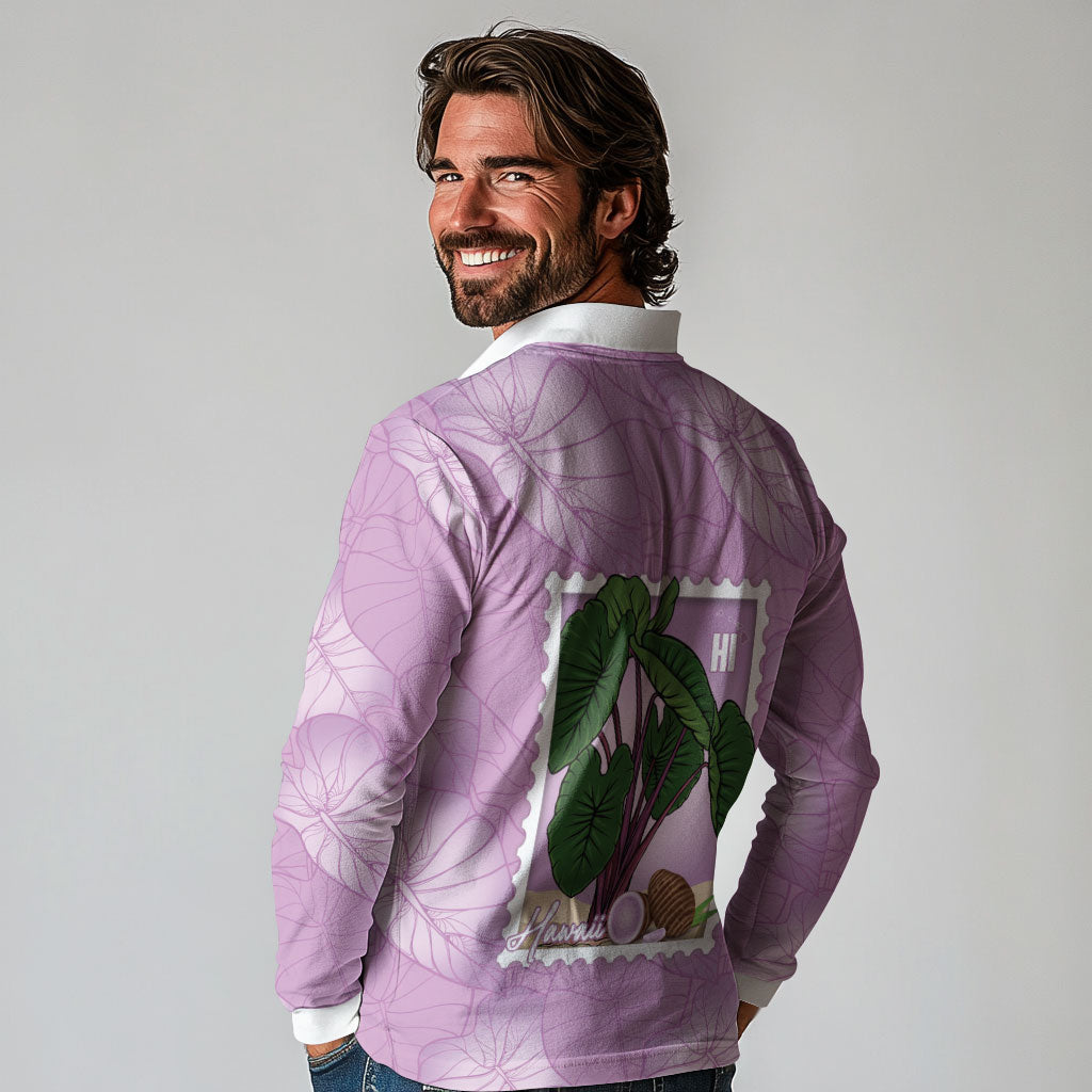 Aloha Hawaii Kalo Long Sleeve Polo Shirt Hawaiian Taro Leaves Stylized Stamp