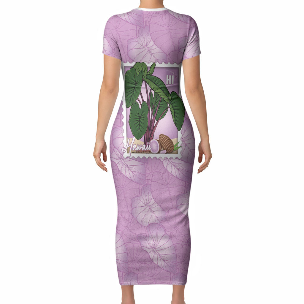 Aloha Hawaii Kalo Short Sleeve Bodycon Dress Hawaiian Taro Leaves Stylized Stamp