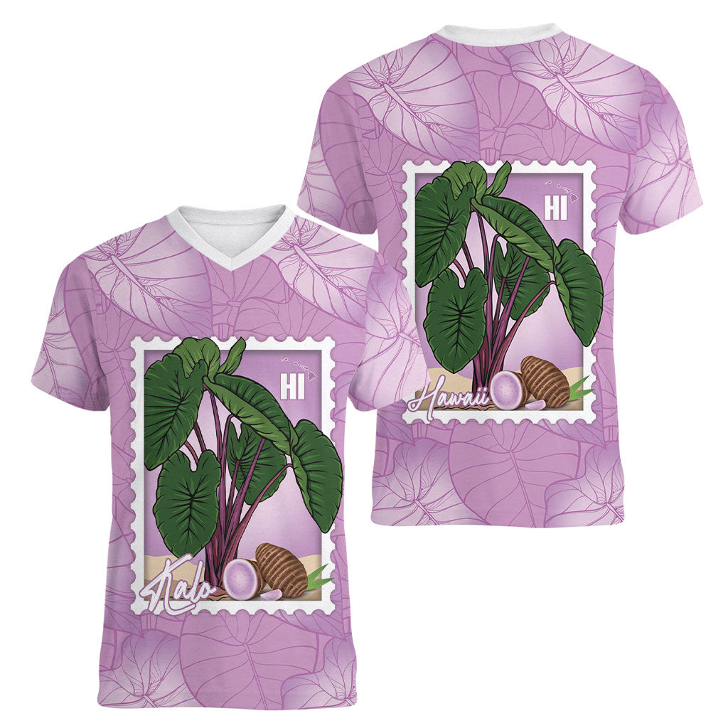Aloha Hawaii Kalo Women V-Neck T-Shirt Hawaiian Taro Leaves Stylized Stamp
