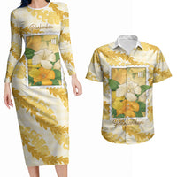 Aloha Hawaii Puakenikeni Couples Matching Long Sleeve Bodycon Dress and Hawaiian Shirt Hawaiian Lei Palaka Motifs Stylized Stamp LT14 Yellow - Polynesian Pride