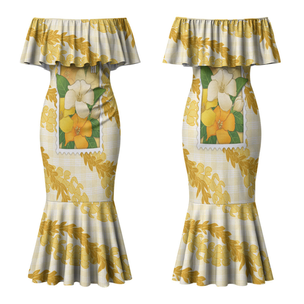 Aloha Hawaii Puakenikeni Family Matching Mermaid Dress and Hawaiian Shirt Hawaiian Lei Palaka Motifs Stylized Stamp LT14 Mom's Dress Yellow - Polynesian Pride