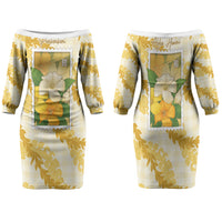 Aloha Hawaii Puakenikeni Family Matching Off The Shoulder Long Sleeve Dress and Hawaiian Shirt Hawaiian Lei Palaka Motifs Stylized Stamp LT14 Mom's Dress Yellow - Polynesian Pride