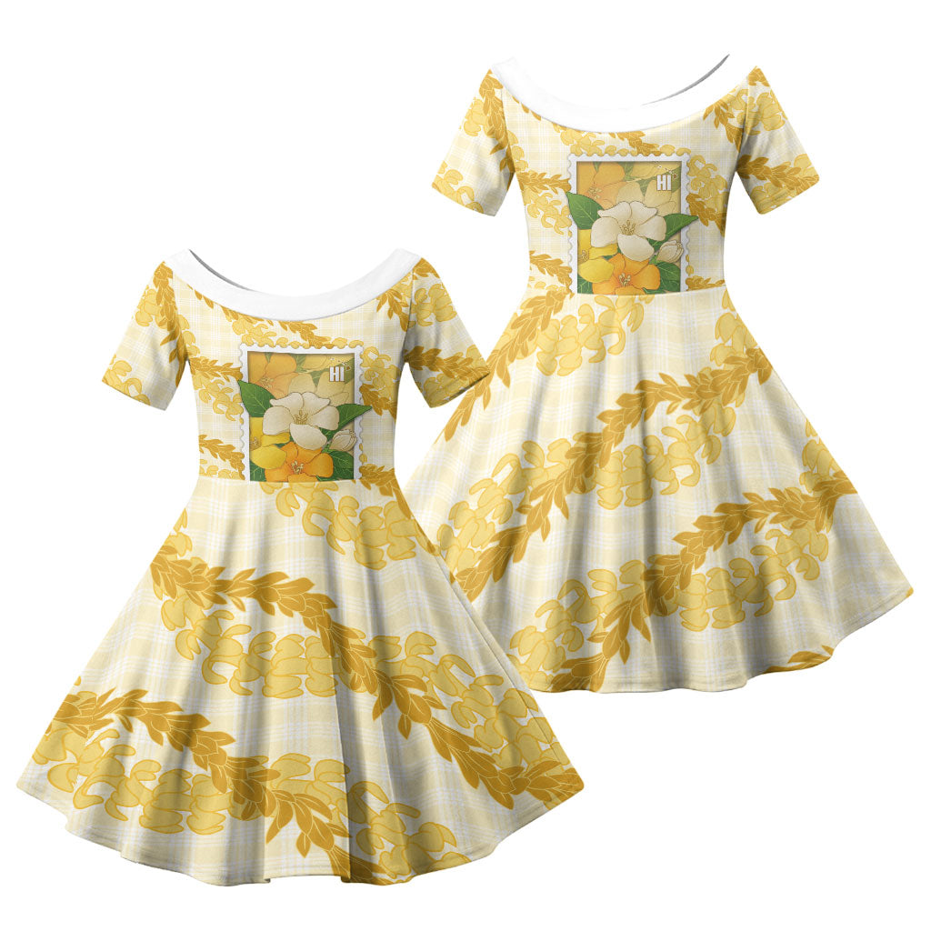 Aloha Hawaii Puakenikeni Family Matching Off The Shoulder Long Sleeve Dress and Hawaiian Shirt Hawaiian Lei Palaka Motifs Stylized Stamp LT14 Daughter's Dress Yellow - Polynesian Pride