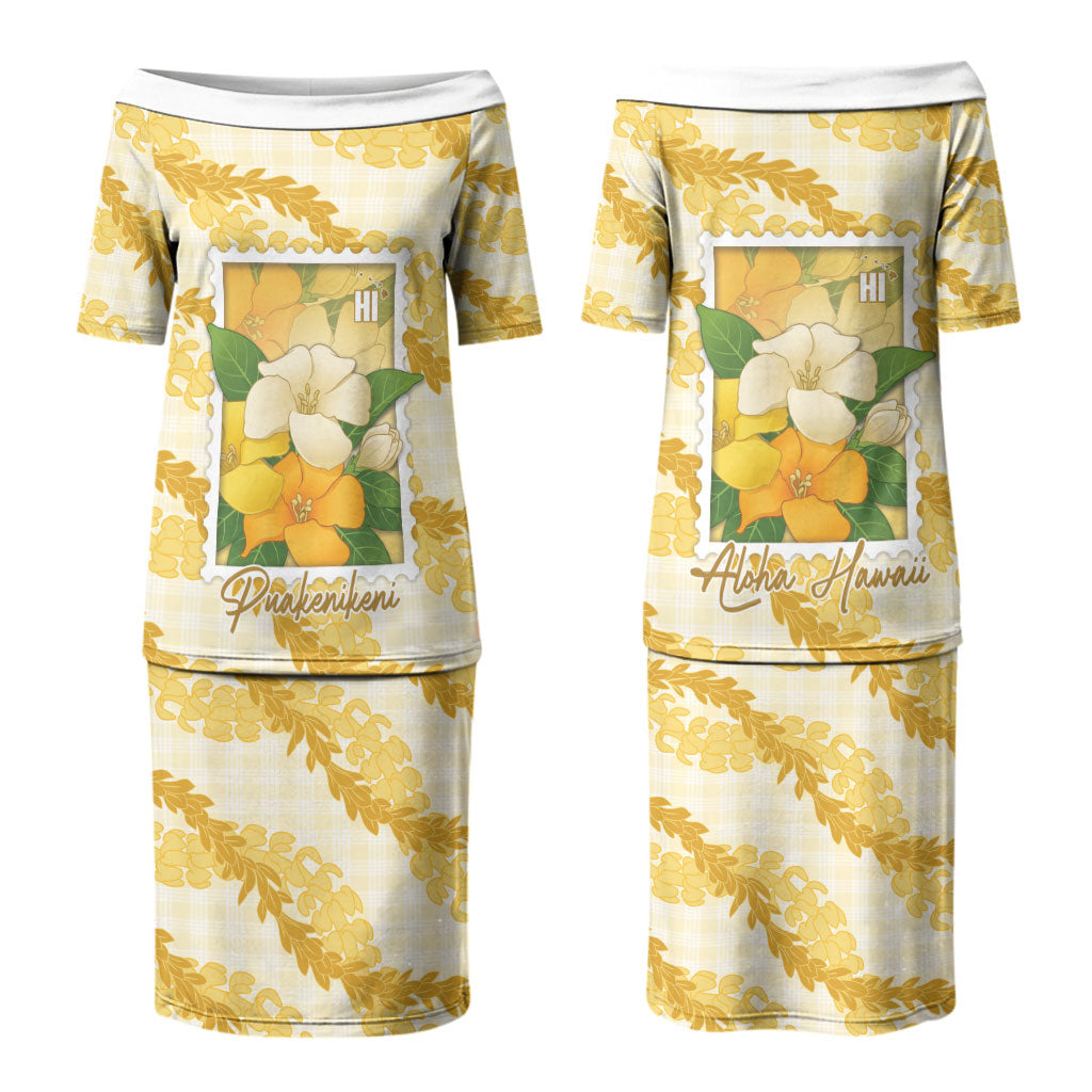 Aloha Hawaii Puakenikeni Family Matching Puletasi and Hawaiian Shirt Hawaiian Lei Palaka Motifs Stylized Stamp LT14 Mom's Dress Yellow - Polynesian Pride