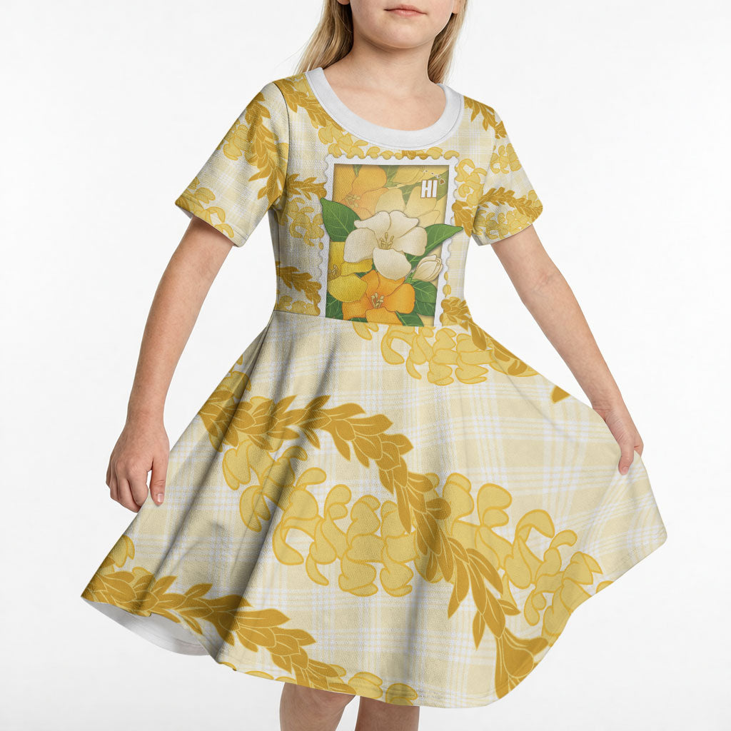 Aloha Hawaii Puakenikeni Kid Short Sleeve Dress Hawaiian Lei Palaka Motifs Stylized Stamp