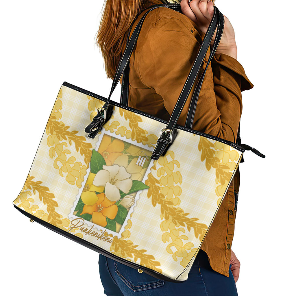 Aloha Hawaii Puakenikeni Leather Tote Bag Hawaiian Lei Palaka Motifs Stylized Stamp