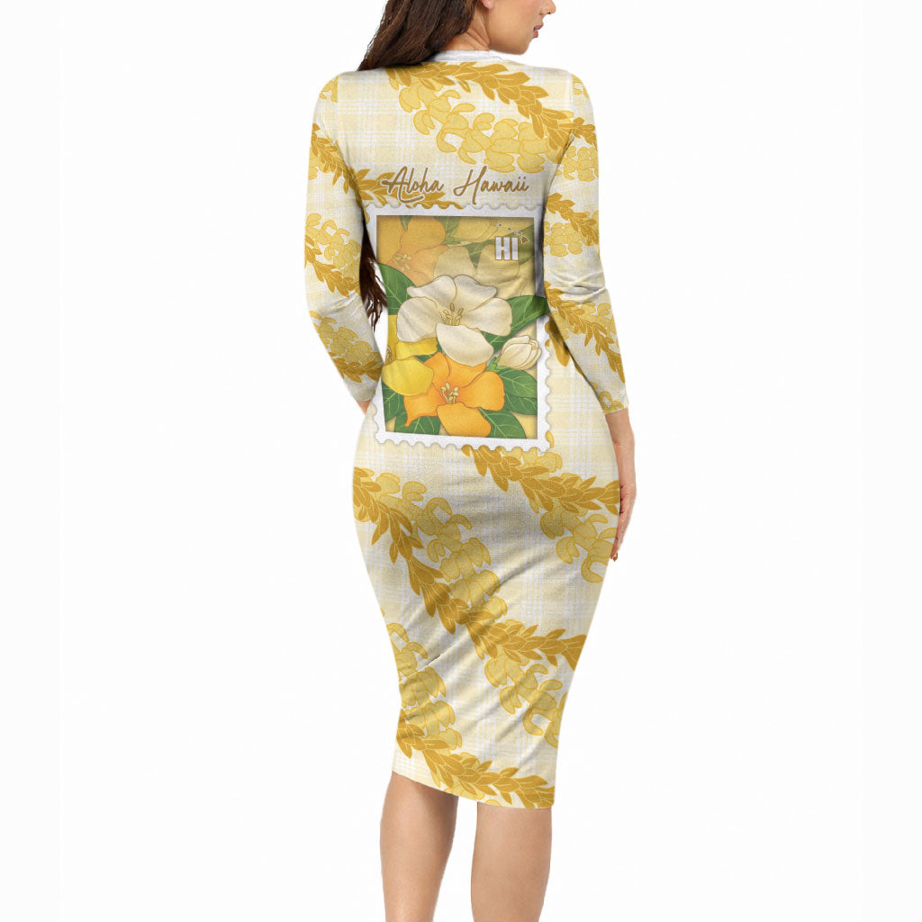 Aloha Hawaii Puakenikeni Long Sleeve Bodycon Dress Hawaiian Lei Palaka Motifs Stylized Stamp