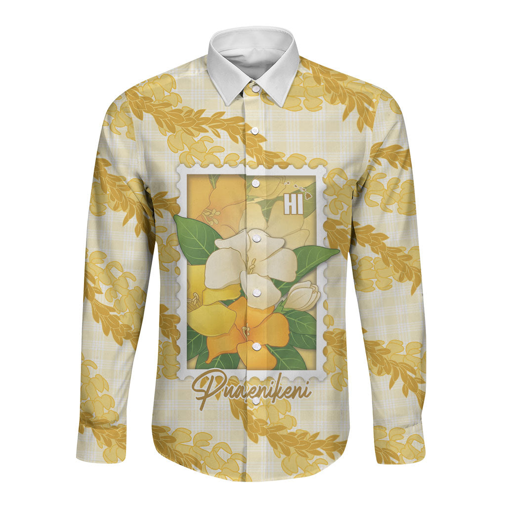 Aloha Hawaii Puakenikeni Long Sleeve Button Shirt Hawaiian Lei Palaka Motifs Stylized Stamp