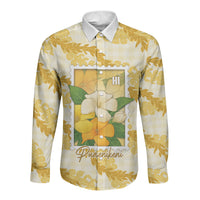 Aloha Hawaii Puakenikeni Long Sleeve Button Shirt Hawaiian Lei Palaka Motifs Stylized Stamp