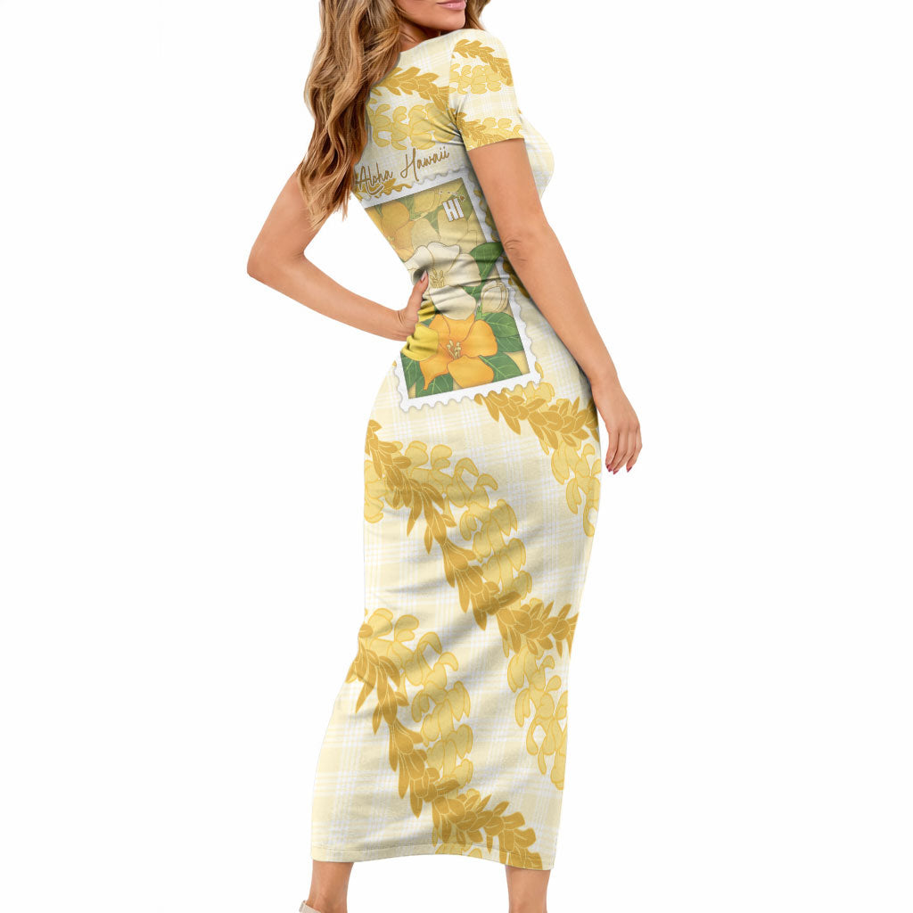 Aloha Hawaii Puakenikeni Short Sleeve Bodycon Dress Hawaiian Lei Palaka Motifs Stylized Stamp