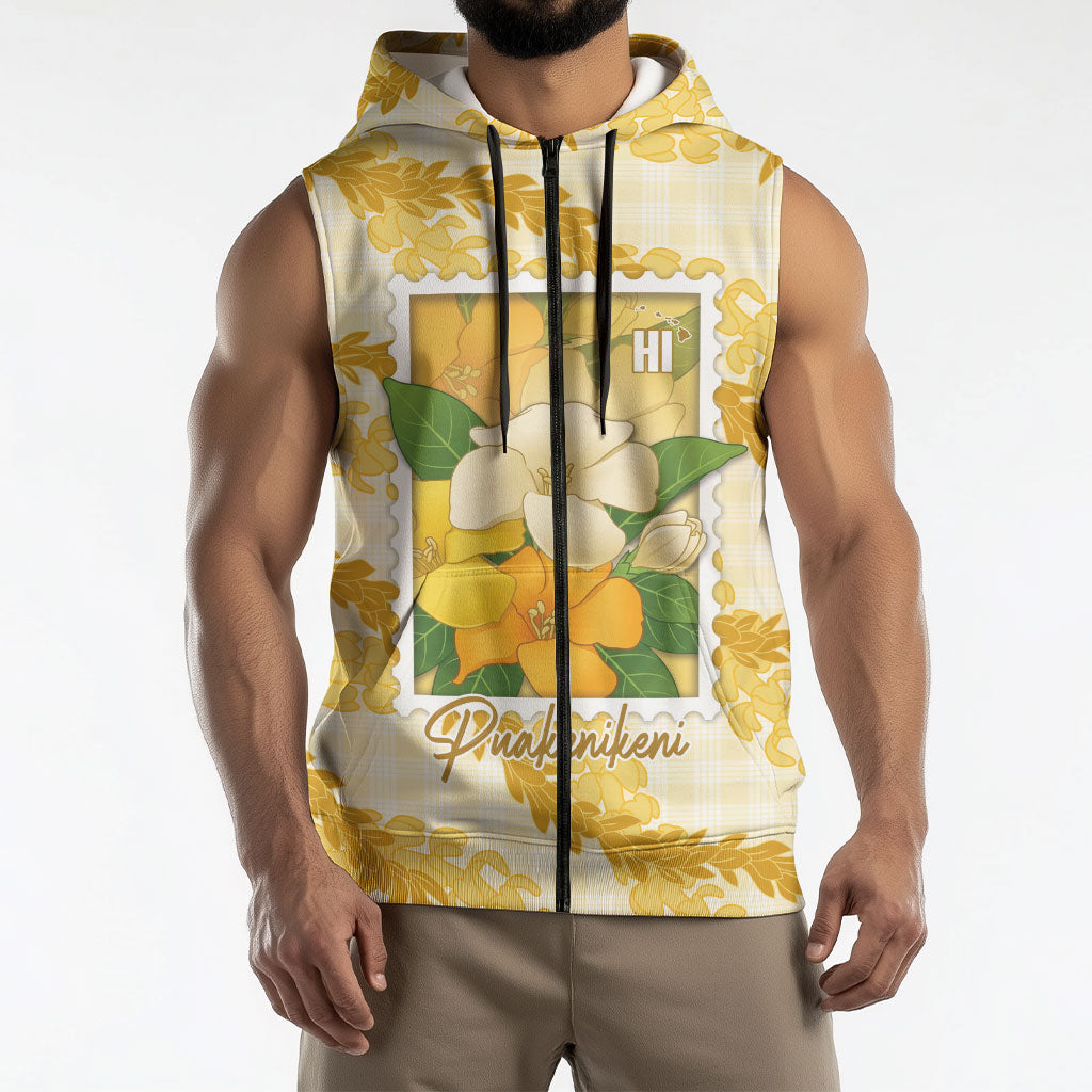 Aloha Hawaii Puakenikeni Sleeveless Zip Hoodie Hawaiian Lei Palaka Motifs Stylized Stamp