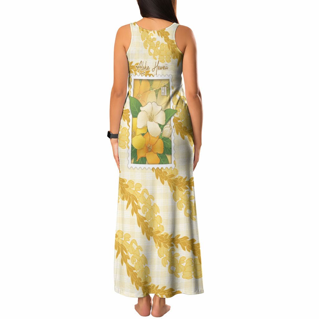 Aloha Hawaii Puakenikeni Tank Maxi Dress Hawaiian Lei Palaka Motifs Stylized Stamp