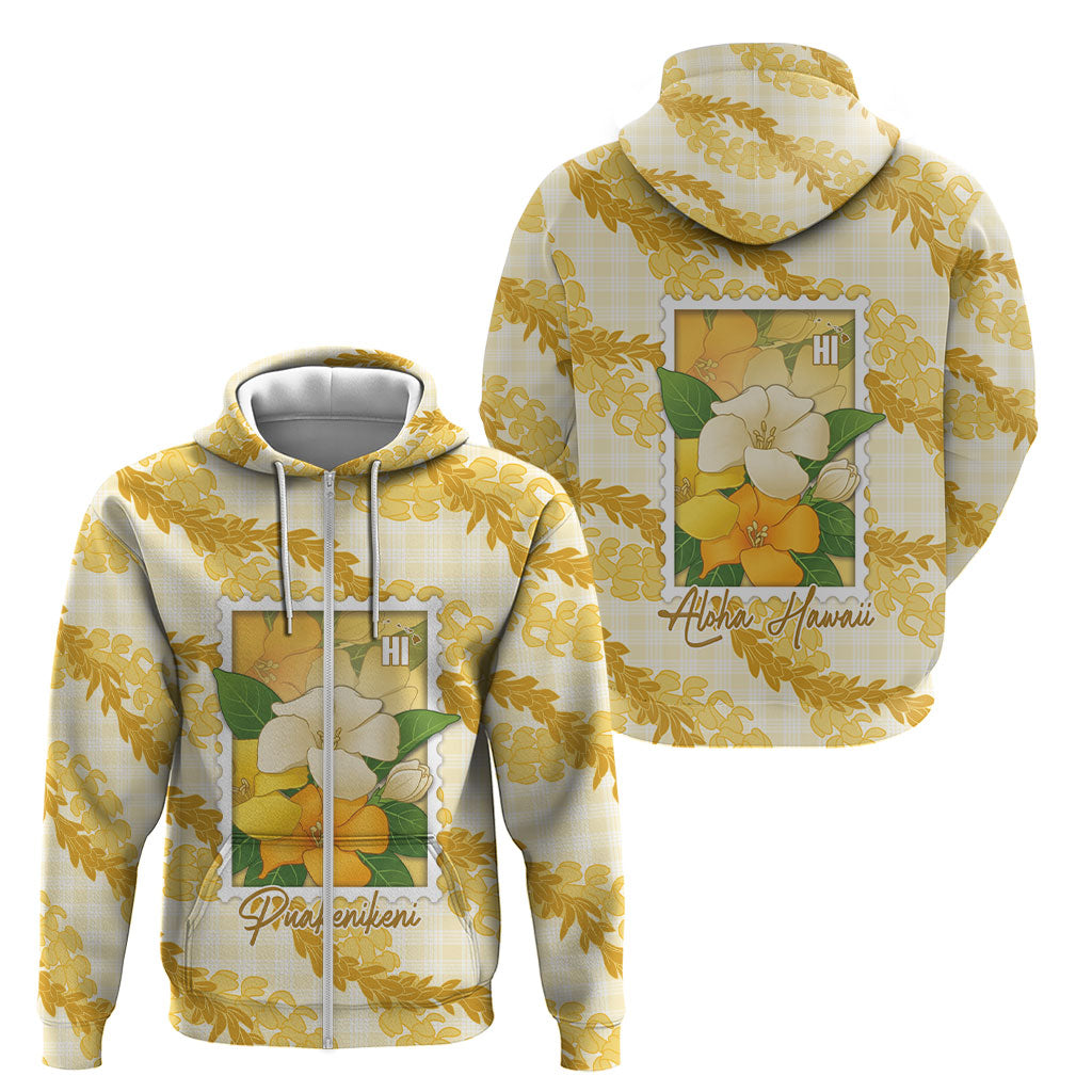 Aloha Hawaii Puakenikeni Zip Hoodie Hawaiian Lei Palaka Motifs Stylized Stamp