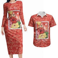 Aloha Hawaii Pua Aloalo Couples Matching Long Sleeve Bodycon Dress and Hawaiian Shirt Hawaiian Hibiscus Flowers Stylized Stamp LT14 Red - Polynesian Pride
