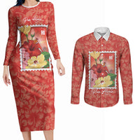 Aloha Hawaii Pua Aloalo Couples Matching Long Sleeve Bodycon Dress and Long Sleeve Button Shirt Hawaiian Hibiscus Flowers Stylized Stamp LT14 Red - Polynesian Pride