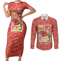 Aloha Hawaii Pua Aloalo Couples Matching Short Sleeve Bodycon Dress and Long Sleeve Button Shirt Hawaiian Hibiscus Flowers Stylized Stamp LT14 Red - Polynesian Pride
