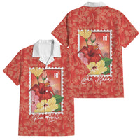 Aloha Hawaii Pua Aloalo Family Matching Long Sleeve Bodycon Dress and Hawaiian Shirt Hawaiian Hibiscus Flowers Stylized Stamp LT14 Dad's Shirt - Short Sleeve Red - Polynesian Pride