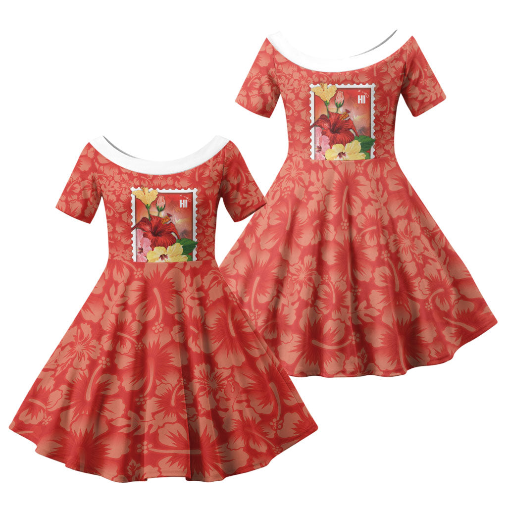 Aloha Hawaii Pua Aloalo Family Matching Long Sleeve Bodycon Dress and Hawaiian Shirt Hawaiian Hibiscus Flowers Stylized Stamp LT14 Daughter's Dress Red - Polynesian Pride
