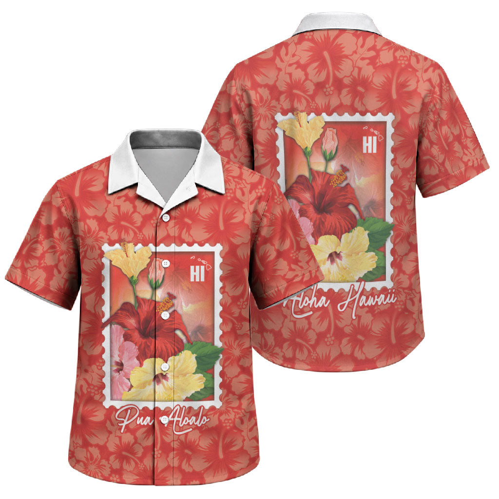 Aloha Hawaii Pua Aloalo Family Matching Off The Shoulder Long Sleeve Dress and Hawaiian Shirt Hawaiian Hibiscus Flowers Stylized Stamp LT14 Son's Shirt Red - Polynesian Pride