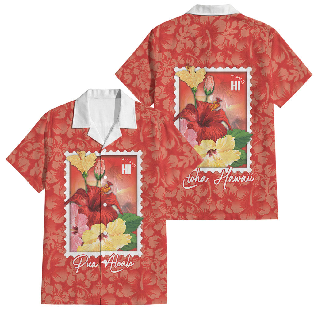 Aloha Hawaii Pua Aloalo Family Matching Off Shoulder Maxi Dress and Hawaiian Shirt Hawaiian Hibiscus Flowers Stylized Stamp LT14 Dad's Shirt - Short Sleeve Red - Polynesian Pride