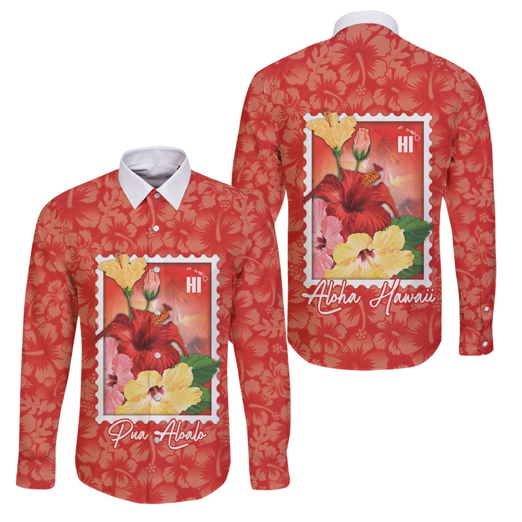 Aloha Hawaii Pua Aloalo Family Matching Off Shoulder Short Dress and Hawaiian Shirt Hawaiian Hibiscus Flowers Stylized Stamp LT14 Dad's Shirt - Long Sleeve Red - Polynesian Pride