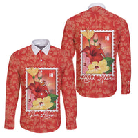 Aloha Hawaii Pua Aloalo Family Matching Puletasi and Hawaiian Shirt Hawaiian Hibiscus Flowers Stylized Stamp LT14 Dad's Shirt - Long Sleeve Red - Polynesian Pride