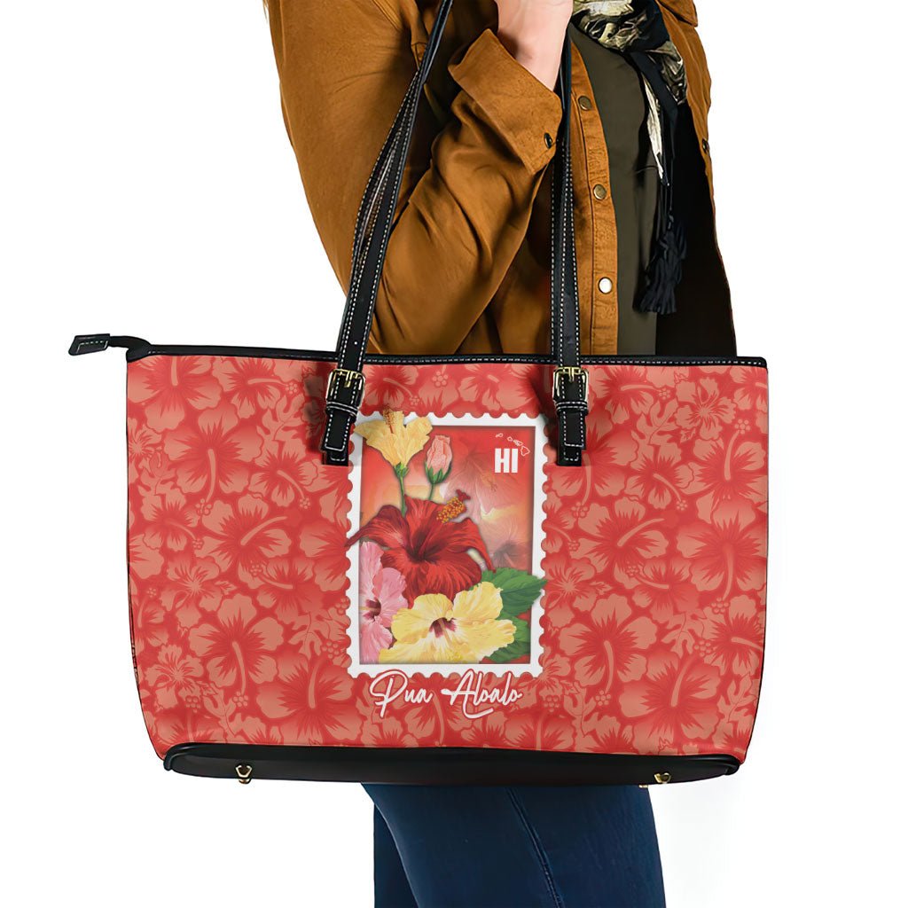 Aloha Hawaii Pua Aloalo Leather Tote Bag Hawaiian Hibiscus Flowers Stylized Stamp