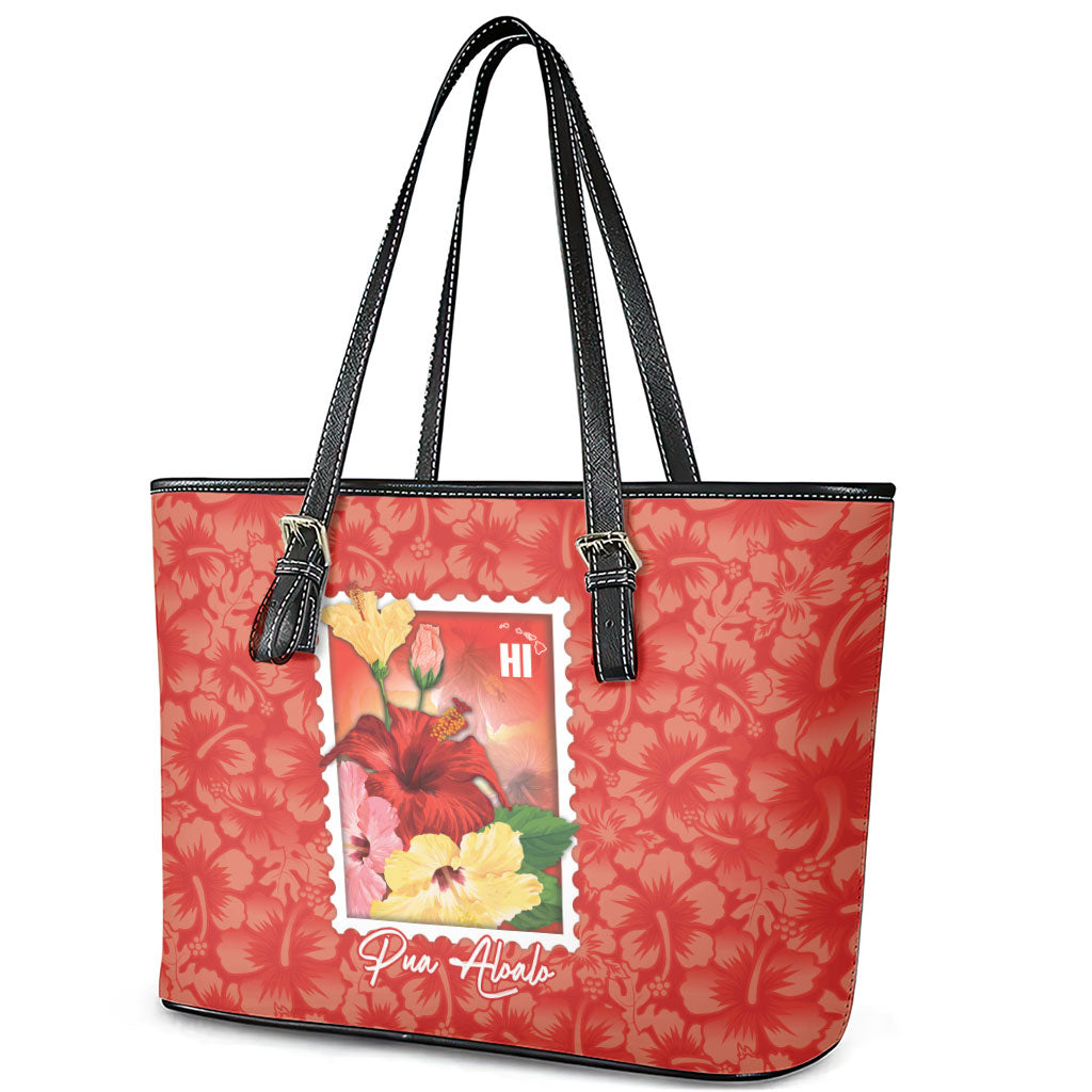 Aloha Hawaii Pua Aloalo Leather Tote Bag Hawaiian Hibiscus Flowers Stylized Stamp