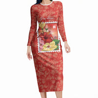 Aloha Hawaii Pua Aloalo Long Sleeve Bodycon Dress Hawaiian Hibiscus Flowers Stylized Stamp LT14 Long Dress Red - Polynesian Pride