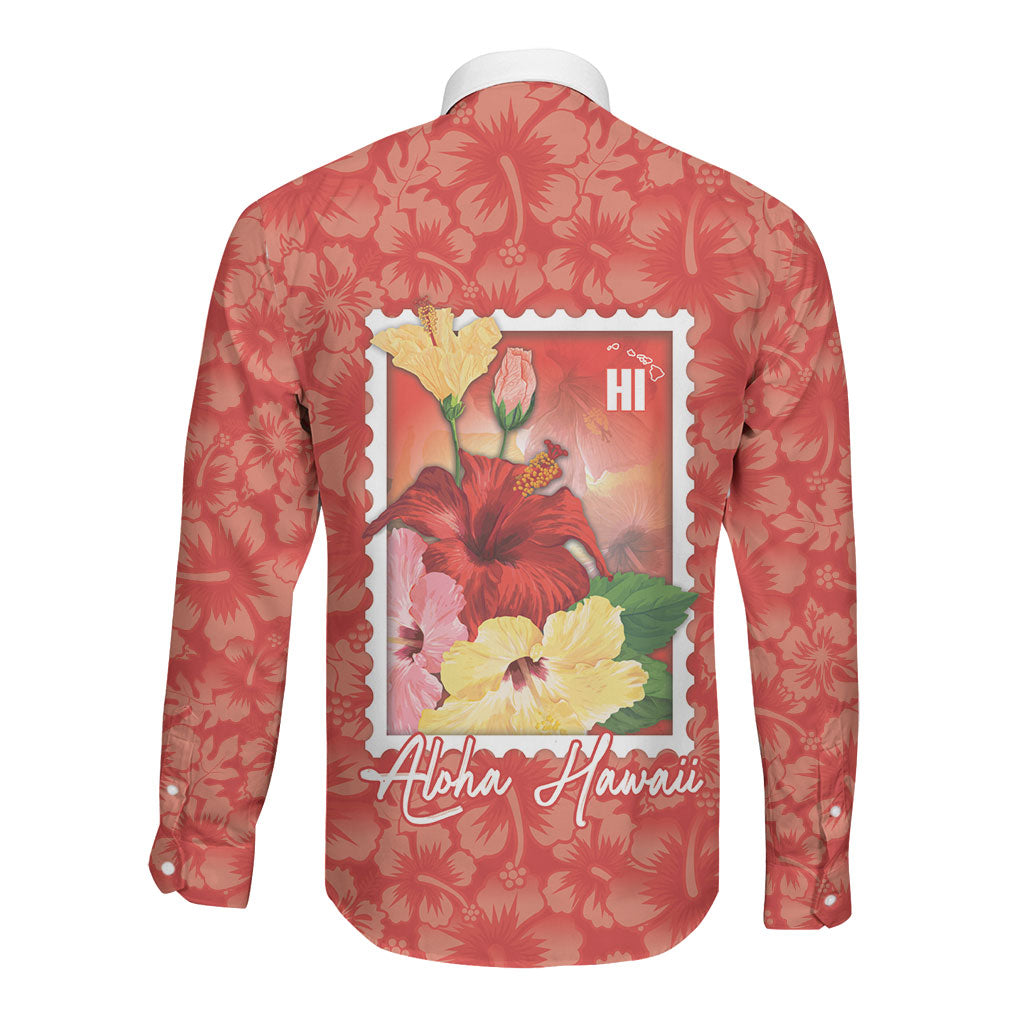 Aloha Hawaii Pua Aloalo Long Sleeve Button Shirt Hawaiian Hibiscus Flowers Stylized Stamp