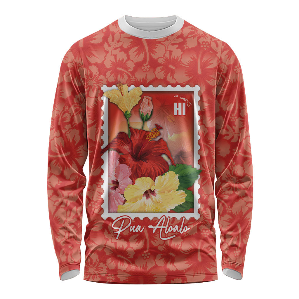 Aloha Hawaii Pua Aloalo Long Sleeve Shirt Hawaiian Hibiscus Flowers Stylized Stamp