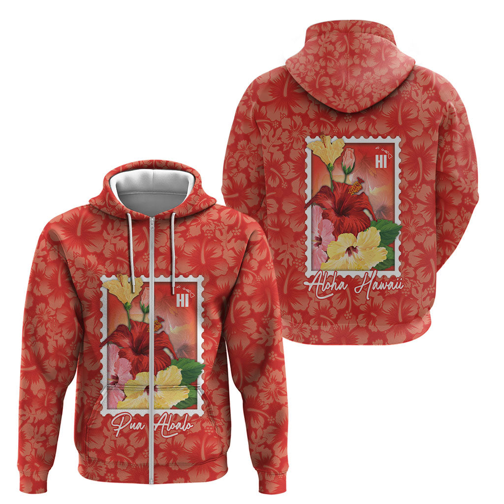 Aloha Hawaii Pua Aloalo Zip Hoodie Hawaiian Hibiscus Flowers Stylized Stamp