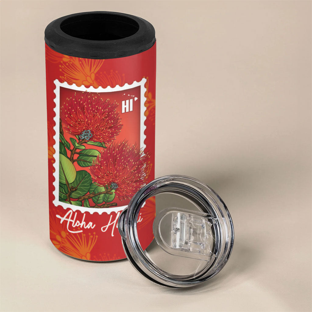 Aloha Hawaii Ohia Lehua 4 in 1 Can Cooler Tumbler Hawaiian Lei Stylized Stamp