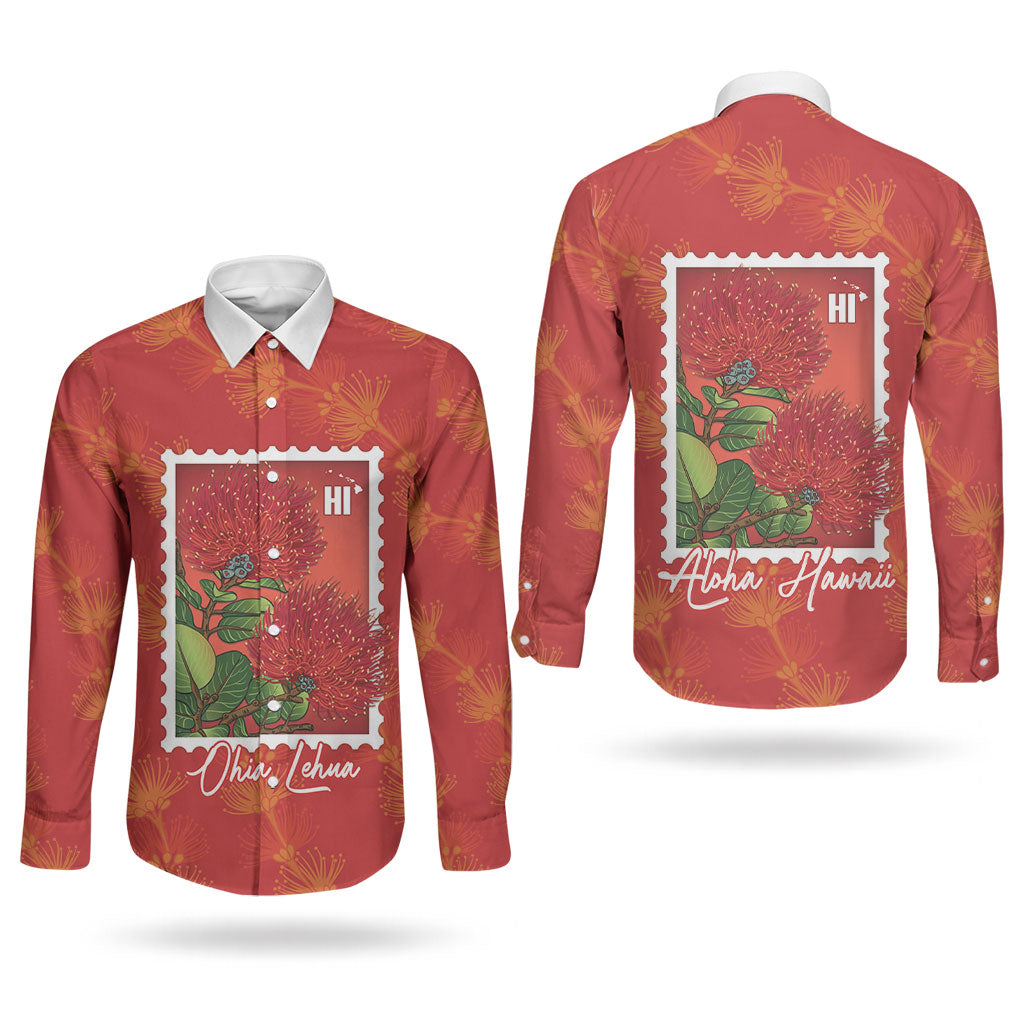 Aloha Hawaii Ohia Lehua Couples Matching Long Sleeve Bodycon Dress and Long Sleeve Button Shirt Hawaiian Lei Stylized Stamp LT14 - Polynesian Pride