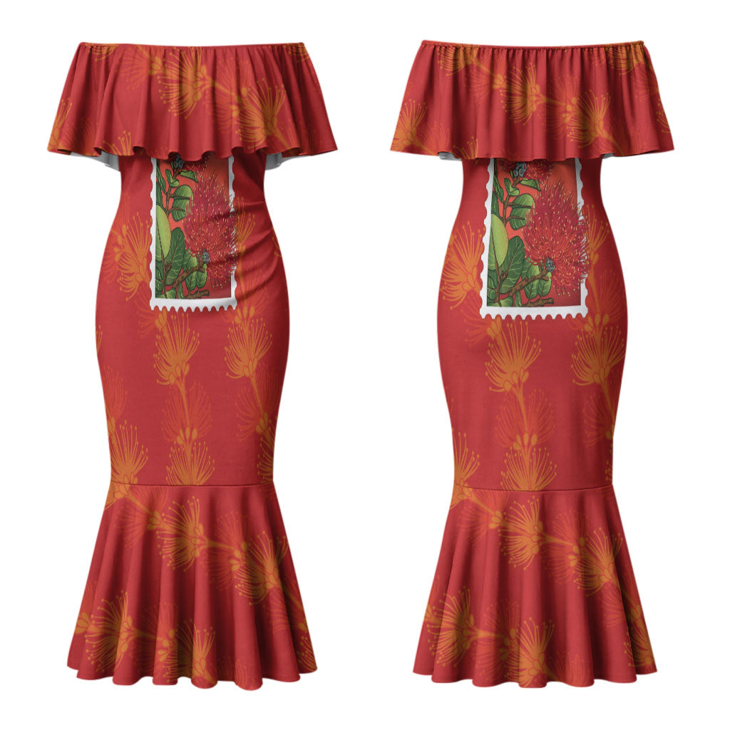Aloha Hawaii Ohia Lehua Couples Matching Mermaid Dress and Hawaiian Shirt Hawaiian Lei Stylized Stamp LT14 - Polynesian Pride