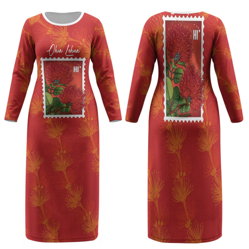Aloha Hawaii Ohia Lehua Family Matching Long Sleeve Bodycon Dress and Hawaiian Shirt Hawaiian Lei Stylized Stamp LT14 Mom's Dress Red - Polynesian Pride