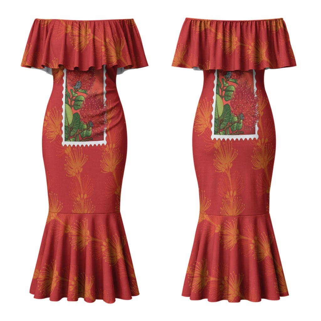 Aloha Hawaii Ohia Lehua Family Matching Mermaid Dress and Hawaiian Shirt Hawaiian Lei Stylized Stamp LT14 Mom's Dress Red - Polynesian Pride