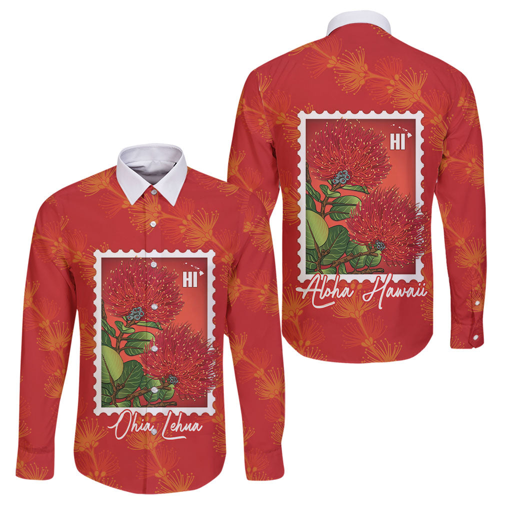 Aloha Hawaii Ohia Lehua Family Matching Mermaid Dress and Hawaiian Shirt Hawaiian Lei Stylized Stamp LT14 Dad's Shirt - Long Sleeve Red - Polynesian Pride
