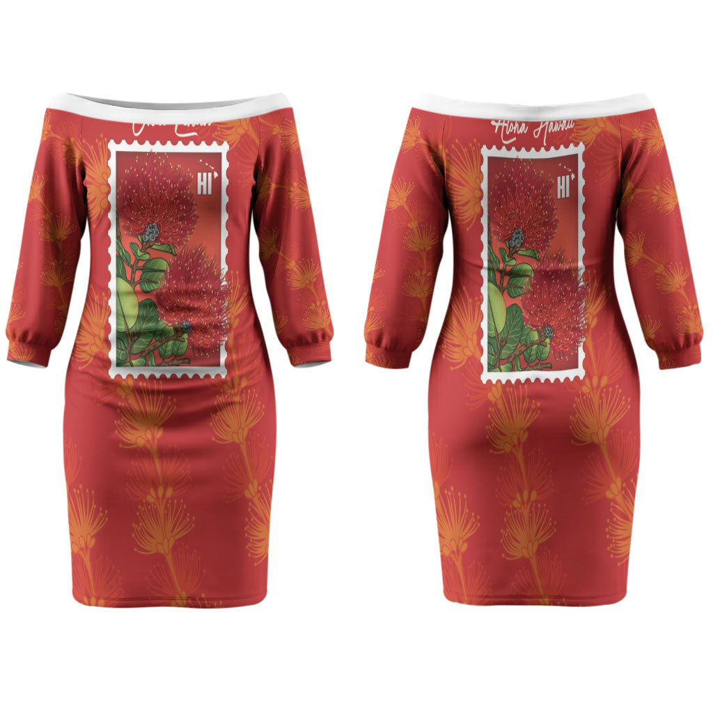 Aloha Hawaii Ohia Lehua Family Matching Off The Shoulder Long Sleeve Dress and Hawaiian Shirt Hawaiian Lei Stylized Stamp LT14 Mom's Dress Red - Polynesian Pride