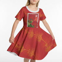 Aloha Hawaii Ohia Lehua Kid Short Sleeve Dress Hawaiian Lei Stylized Stamp