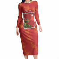 Aloha Hawaii Ohia Lehua Long Sleeve Bodycon Dress Hawaiian Lei Stylized Stamp
