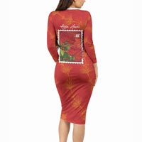 Aloha Hawaii Ohia Lehua Long Sleeve Bodycon Dress Hawaiian Lei Stylized Stamp