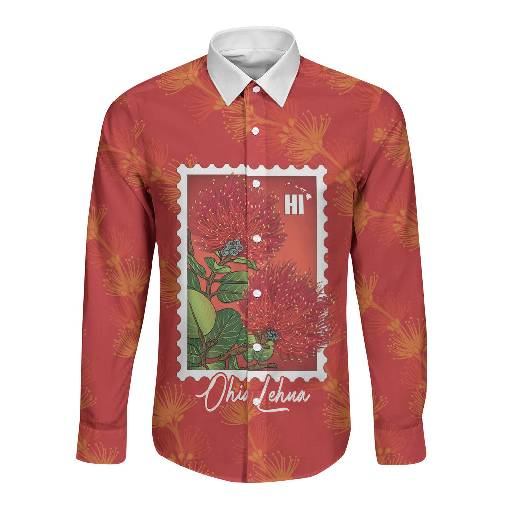 Aloha Hawaii Ohia Lehua Long Sleeve Button Shirt Hawaiian Lei Stylized Stamp