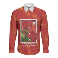 Aloha Hawaii Ohia Lehua Long Sleeve Button Shirt Hawaiian Lei Stylized Stamp
