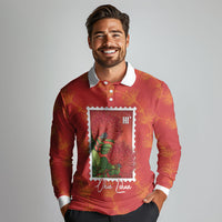 Aloha Hawaii Ohia Lehua Long Sleeve Polo Shirt Hawaiian Lei Stylized Stamp