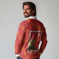 Aloha Hawaii Ohia Lehua Long Sleeve Polo Shirt Hawaiian Lei Stylized Stamp