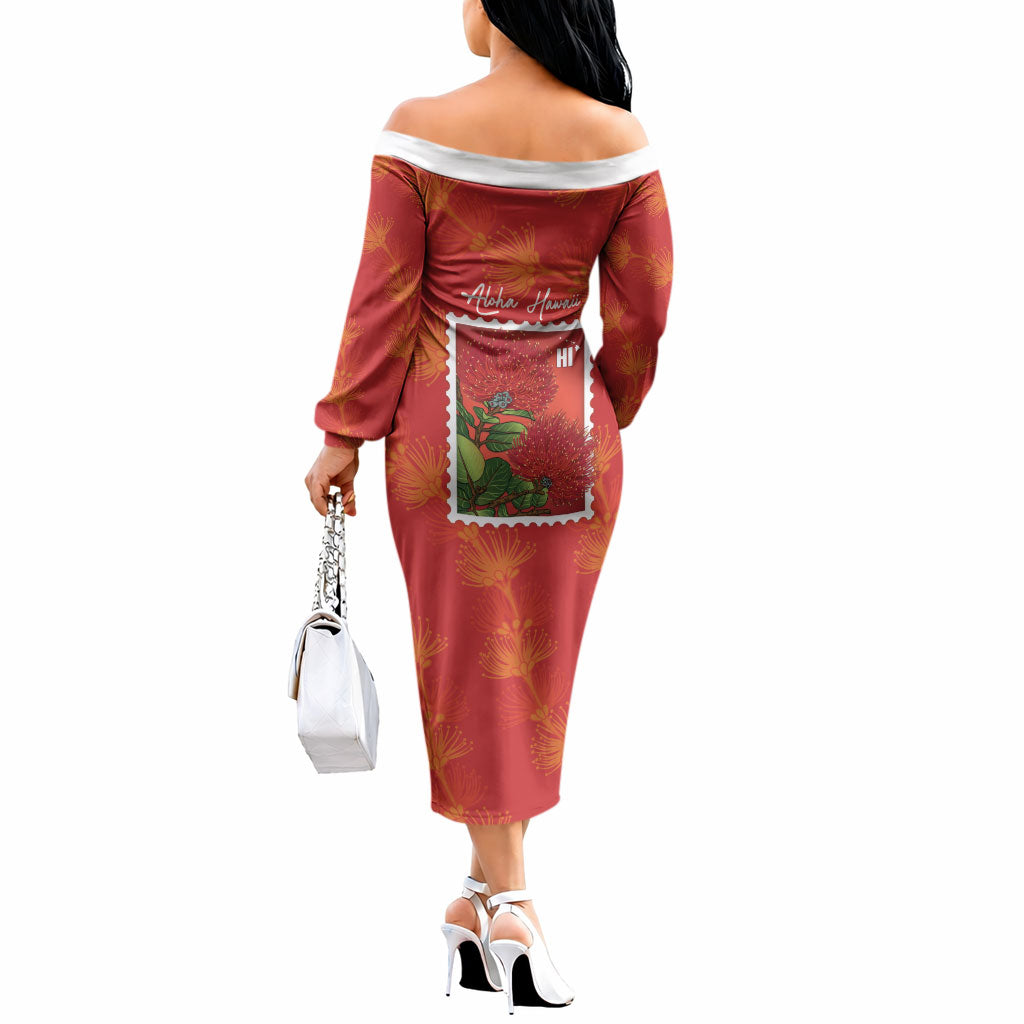 Aloha Hawaii Ohia Lehua Off The Shoulder Long Sleeve Dress Hawaiian Lei Stylized Stamp