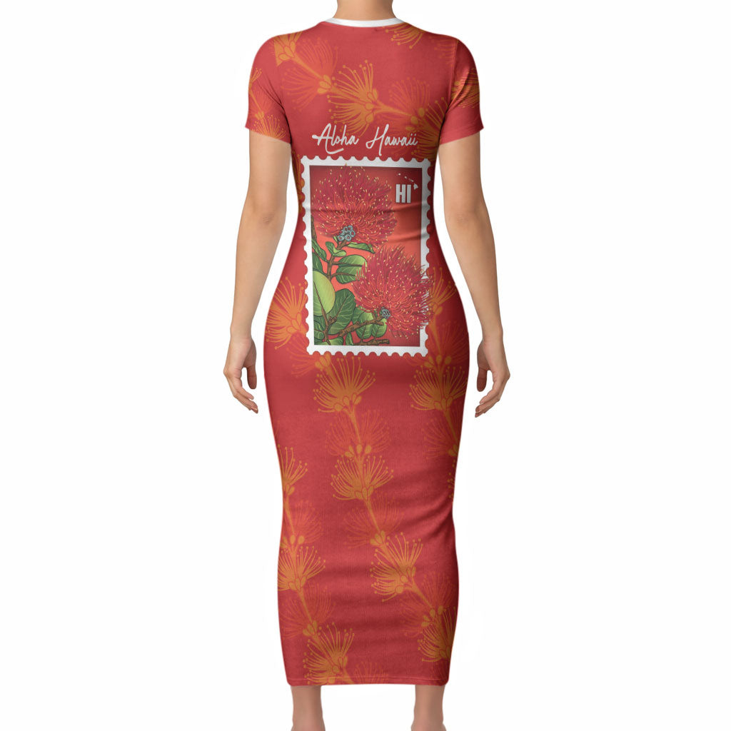 Aloha Hawaii Ohia Lehua Short Sleeve Bodycon Dress Hawaiian Lei Stylized Stamp