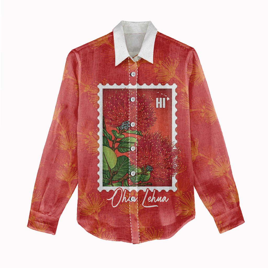 Aloha Hawaii Ohia Lehua Women Casual Shirt Hawaiian Lei Stylized Stamp