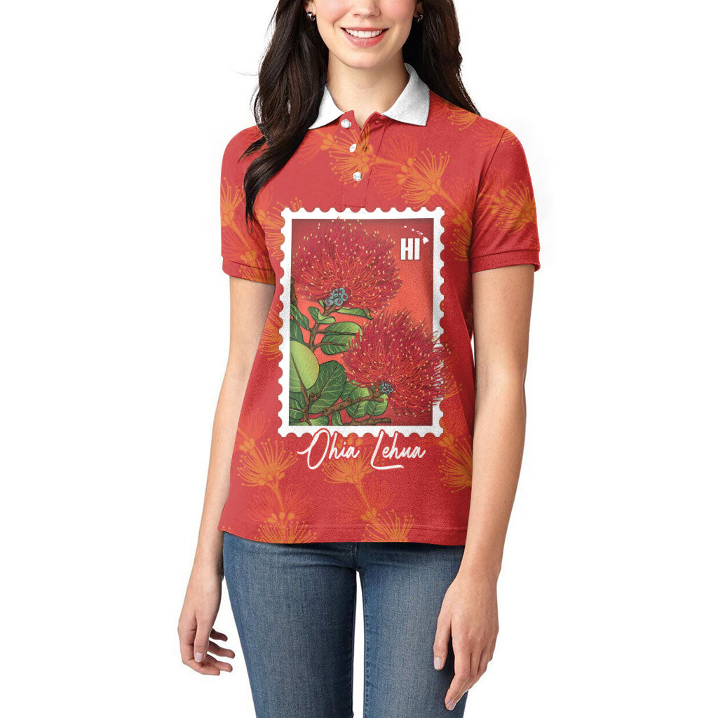 Aloha Hawaii Ohia Lehua Women Polo Shirt Hawaiian Lei Stylized Stamp